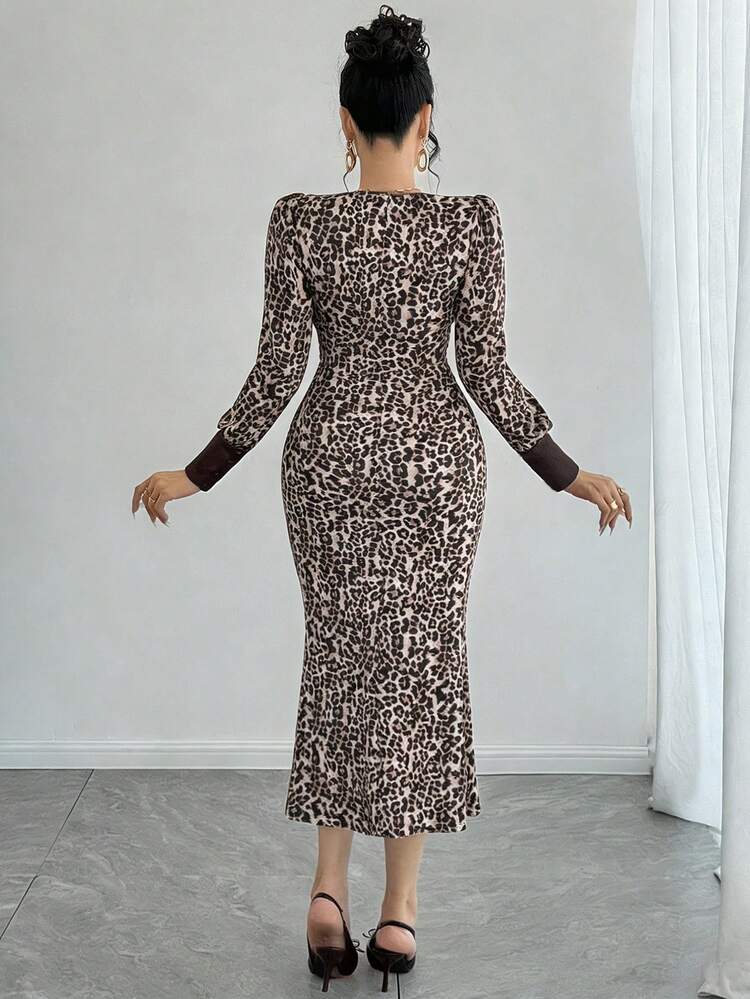 Women's Elegant Leopard Print Patchwork Pleated V-Neck Puff Sleeve Dress, Spring/Summer Sundress Maxi Dress