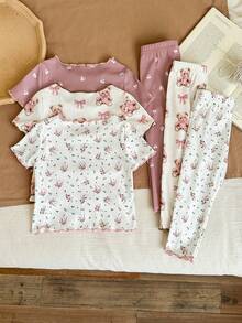 SHEIN LMoss Kids 6件套女婴可爱卡通熊和花卉印花荷叶边圆领短袖上衣和裤子休闲舒适针织睡衣套装 - 彩色 - 查看 2