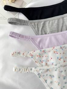 SHEIN 5条/包 纯色和碎花丁字裤套装 - 彩色 - 查看 3