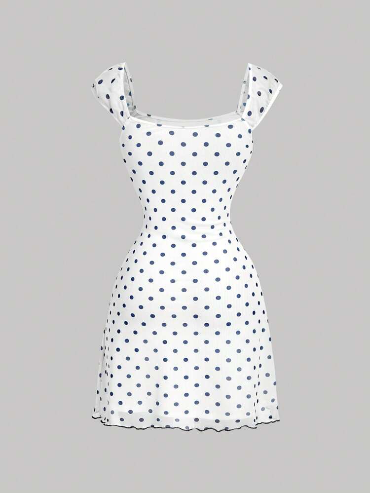 SHEIN MOD Bow Tie Ruched Mesh Polka Dot Dress - Navy Blue - View 2