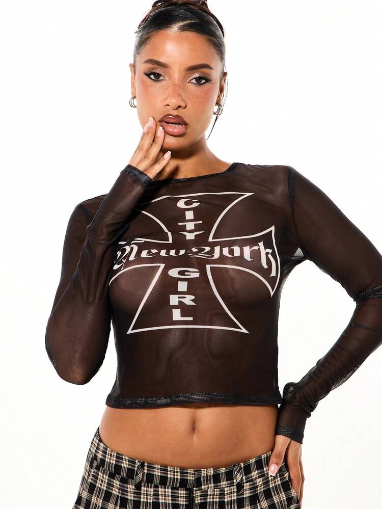 SUMWON WOMEN Mesh Long Sleeve Top With City Print