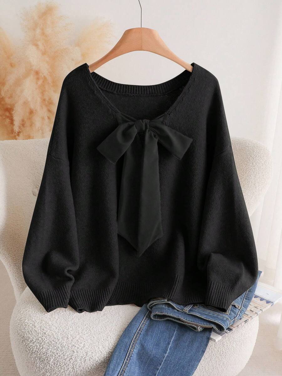 CosyJoli Plus Size Casual V-Neck Bowknot Tie Back Loose Pullover Sweater In Fall/Winter