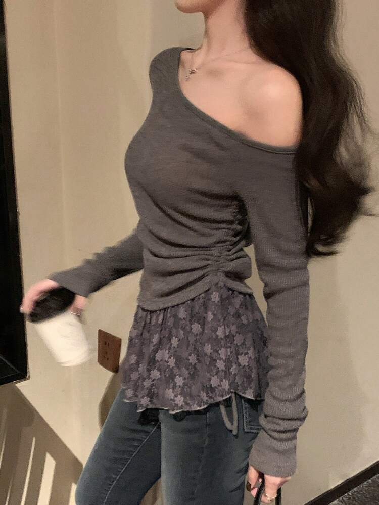 Women's Lace Patchwork Oblique Shoulder Long Sleeve T-Shirt, Korean Style, Spring/Summer Off The Shoulder