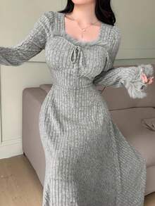 Feyla 女士优雅蓬松装饰长裙，秋冬款 - 灰色 - 查看 4