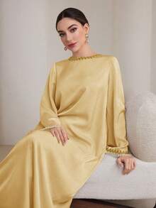 Graceveil Vestido de estilo árabe con volantes y ribete para mujer, adecuado para primavera y otoño de manera modesta - Amarillo - Ver 6