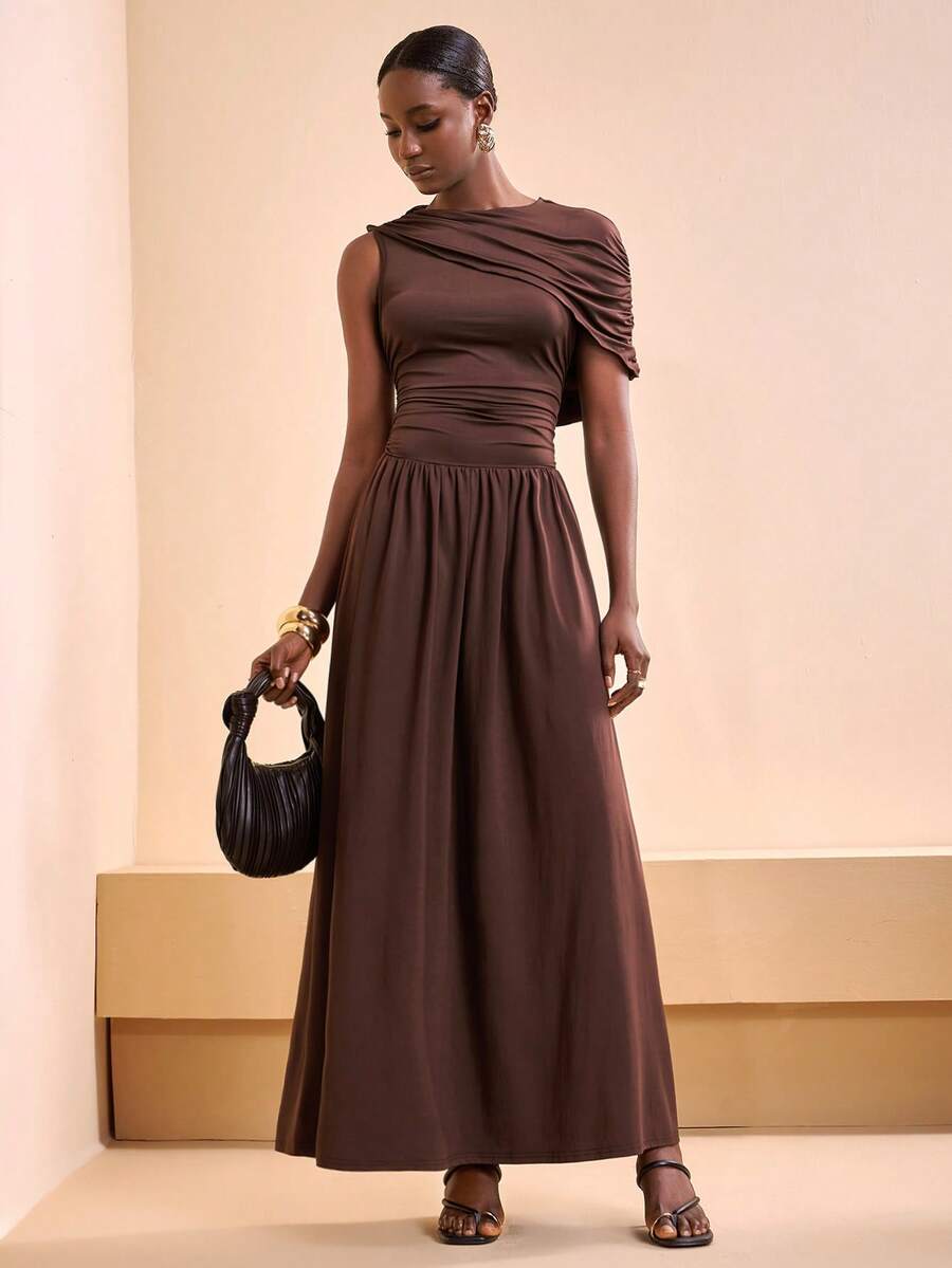 Zivah Women's Dark Brown Summer Elegant One-Shoulder Ruched Top A-Line Long Dress,Bohemian Wedding Guest Party Night Vacation Beach Spring & Summer Dress - Mocha Brown - View 1
