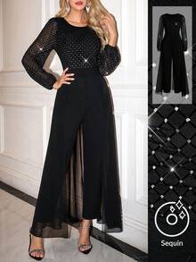 SHEIN Clasi Women's Round Neck Long Sleeve Waist Cinched Jumpsuits For Stage, Party, Gathering Long Sleeve Jumpsuits For Woman Black Jumpsuit Women Elegant Elegant Jumpsuit Long Sleeve Mesh Long Sleeve Jumpsuit Black Mesh Jumpsuit Elegant  Jumpsuit For Party  Sequin  Jumpsuit Glitter  Jumpsuit          Elegant Jumpsuit For Women   Black Mesh-Paneled Chiffon Long-Sleeved Fitted Stretch Jumpsuit For Holiday, Christmas, New Year's, And Party Occasions. Stylish, Sexy, And Sophisticated Black Knit Jumpsuit.   Elegant Dresses For Party , New Year   New Year's Eve Clothes - Black - View 1