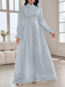 Modelyn Vestido de mujer talla grande con cuello Mao estilo francés, manga abullonada y bordado - Azul - Ver 5