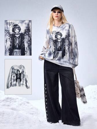 Grunge Punk Pull-shirt ample pour femmes avec lavage délavé, imprimé du symbole cyber Y3k et de personnages d'anime