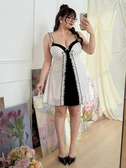 CovetEZ Plus Size Women Elegant Contrast Color Polka Dot Print Camisole Mini Dress, Summer