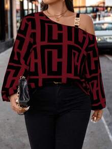EMERY ROSE Plus Geo Print Asymmetrical Neck Lantern Sleeve Blouse, For Thanksgiving One Shoulder Top Red Off Shoulder Top One Shoulder Blouse Red And Black Top - Red Violet - View 3