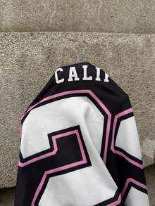 Muchica 大码女式休闲时尚街头运动风数字字母印花撞色V领宽松T恤裙，夏季 - 黑色 - 查看 8