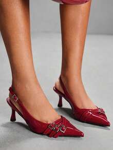 CUCCOO SZL Women's Fashion Buckle Pointed Toe High Heel Pumps, Burgundy - Burgundy - View 1