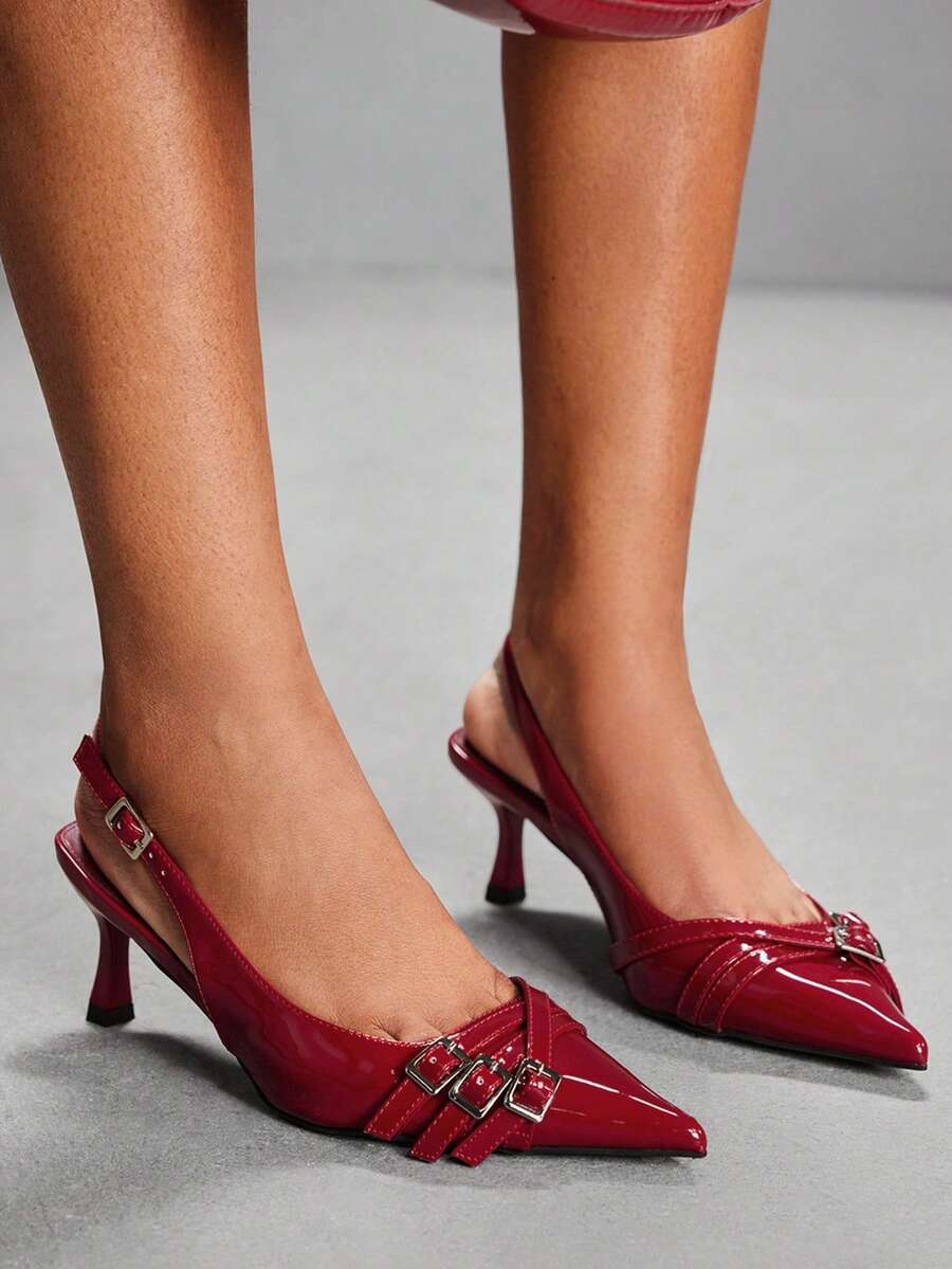 CUCCOO SZL Women's Fashion Buckle Pointed Toe High Heel Pumps, Burgundy - Burgundy - View 1