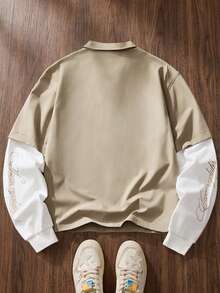 SWAVVY Men's Letter Embroidery 2 In 1 Long Sleeve Utility Pocket Casual Shirt Khaki Shirt Streetwear Men Shirt Men's Casual Shirt - Khaki - View 2