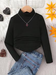 SHEIN 少女领口褶皱基础款纯色针织T恤，适合秋冬季休闲日常穿着及上学穿着。 - 黑色 - 查看 5