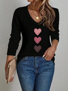 EMERY ROSE 休闲简约粉色爱心常规V领长袖T恤，适合春秋季节穿着，情人节可爱长袖上衣，休闲百搭。 - 黑色 - 查看 3