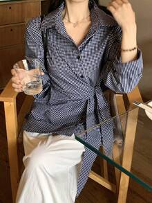 DAZY Women's Casual Tie-Up Korean Style Plaid Long Sleeve Shirt