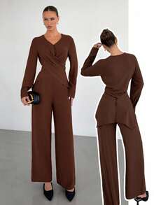 Siren Gaze 2pcs Women Elegant Dark Brown Pants Set,Overlapping Wrap Long Sleeve Top & Wide-Leg Pants Suit,French Office Style Autumn Outfit,Minimalist Clothes - Brown - View 3