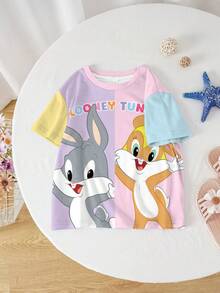 LOONEY TUNES X SHEIN Camiseta de manga corta de verano con estampado de conejo y bloques de color casual y linda para niña preadolescente - Blanco - Ver 3