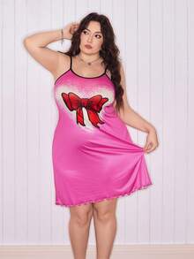 SHEIN Gaun Tidur Camisole Wanita Ukuran Besar dengan Motif Pita dan Hiasan Rumbai - Hot Pink - View 4