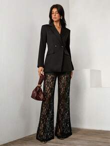 SHEIN PETITE Women's Elegant Loose Double-Breasted Long Sleeve Blazer Jacket And Flared Lace Pants Set, Spring/Autumn - Black - View 5