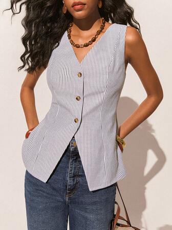 Poéselle Women's Striped Single-Breasted Casual/Work Vest,Blue And White Striped Sleeveless Button Up Top - V-Neck Summer Blouse For Effortless Chic And Office Looks