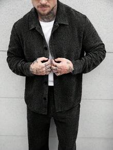 Manfinity CasualCool Men's Turn-Down Collar Single-Breasted Long Sleeve Shirt Top And Pocket Casual Pants Suit, Suitable For Daily Commute - Black - View 6