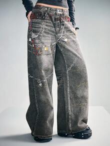 ROMWE Grunge Punk Y2K Vintage Chain Print Loose Wide Leg Jeans For Women - Black - View 1