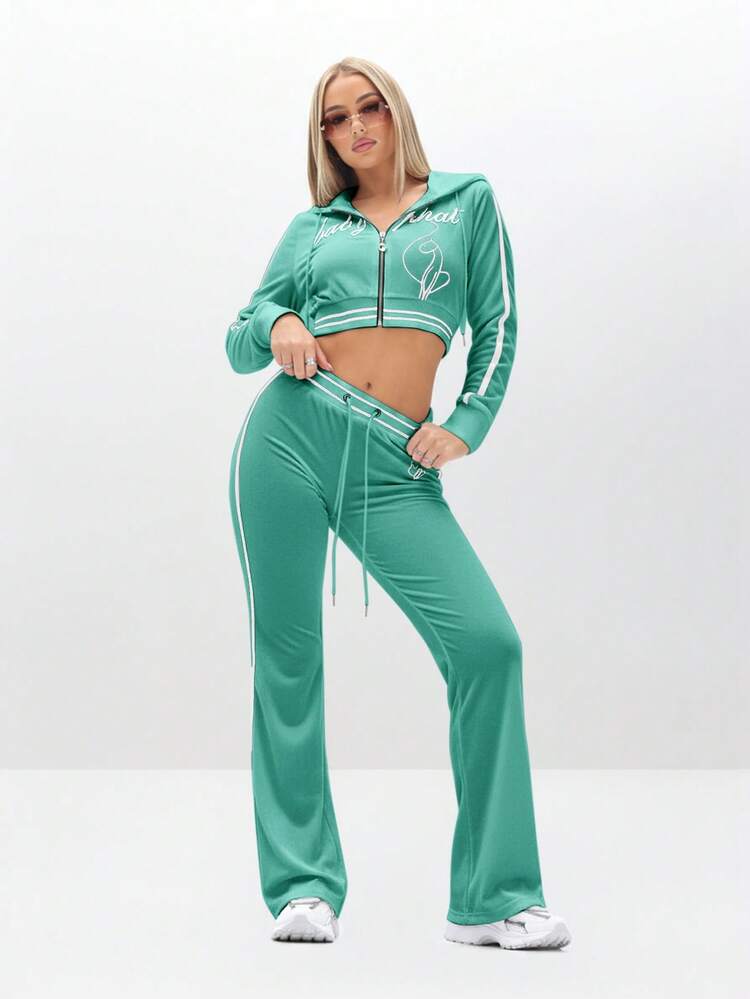 BABYPHAT Women's Velour Zip-Up Cropped Hooded Sweatshirt With Cursive Text Embroidery And White Contrast Striping Details 2 Piece Lounge Sets Woman Green Set Women 2 Piece Casual Sets Woman Green Two Piece Set Track Suits For Women