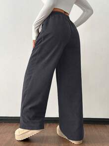 SHEIN PETITE Women's Autumn And Winter Street Fashion Casual Retro Corduroy Textured Pants Women Pants Loose Pants For Women Harem Pants Women Baggy Pants Drawstring Pants Corduroy Pants For Women Womens Wide-Leg Pants - Grey - View 2