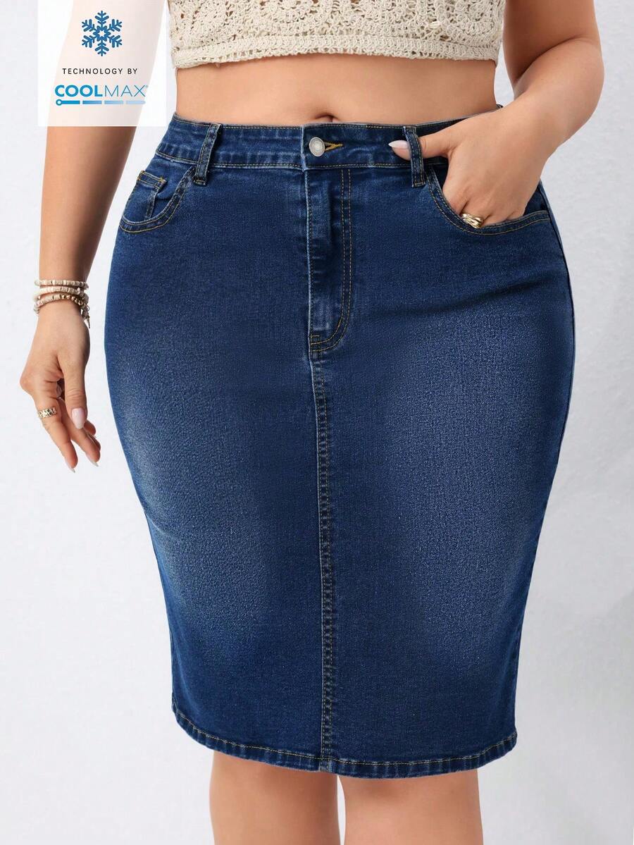 EMERY ROSE Plus Size Women's Vintage Washed Denim Mini Skirt, Spring/Summer - Dark Wash - View 1
