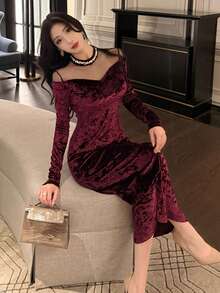 DAZY 女士网纱拼接透视长袖中长连衣裙