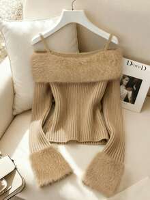 Franclia 全新复古性感时尚高端毛茸茸领露肩女式毛衣套头衫，秋冬 - 駝色 - 查看 7