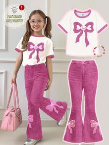 2 pièces Ensemble tee-shirt à manches courtes col rond avec motif nœud et patchwork de dentelle et pantalon skinny évasé pour fille préado, tenues d'été, confort facile, couches d'automne pour enfants, enfants élégants, tenues décontractées, vêtements graphiques pour enfants, rentrée scolaire, vêtements d'automne, bal des finissants