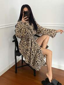 DAZY Women's Leopard Print Flannel Robe, Mid-Length With Lapel, Winter - Brown - View 5
