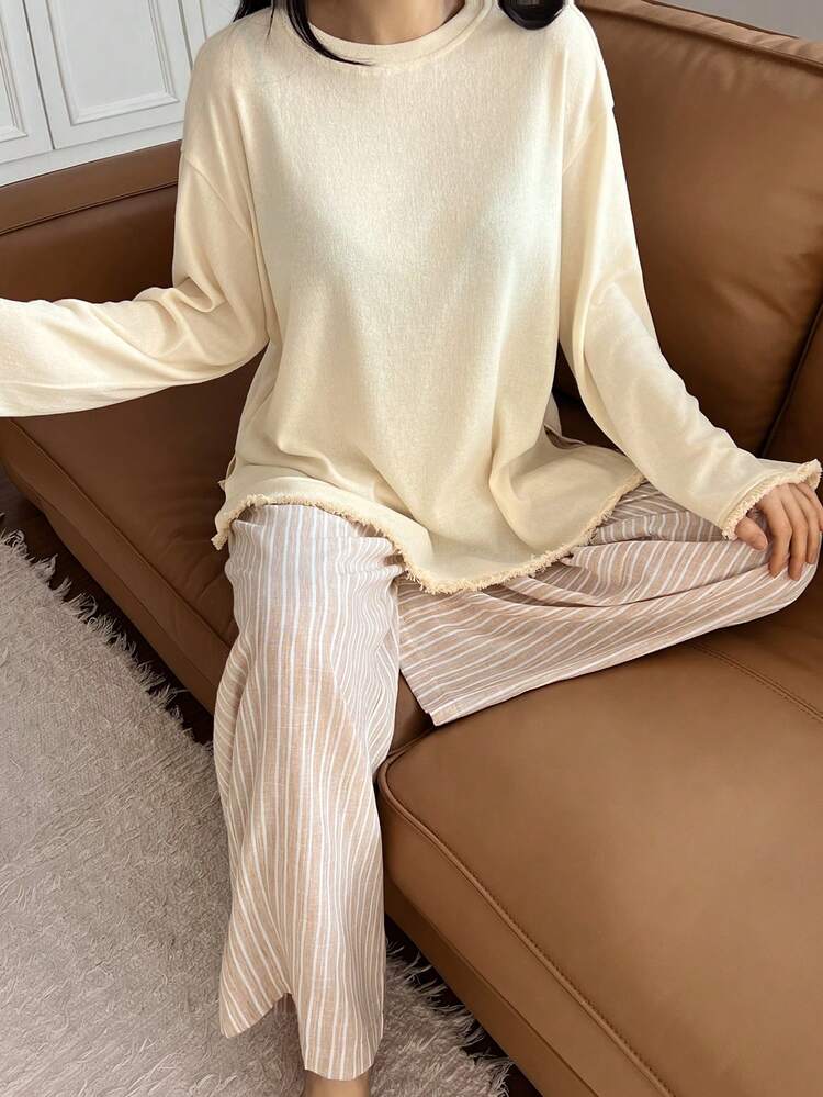 Women's Simple Solid Color Knit Fringe Trim Loose Top And Striped Pajama Pants Sleepwear Set