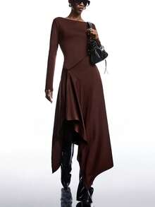 LYSMO 女士时尚纯色不对称下摆连衣裙 - 棕色 - 查看 6