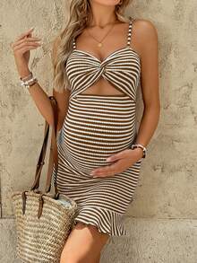SHEIN Maternity Vacation Casual Striped Twist Hollow Out Bodycon Cami Dress - Coffee Brown - View 4