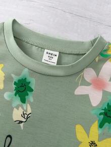 SHEIN Elladie kids 2 件套年轻女孩花卉印花休闲 T 恤和裤子套装，适合户外、运动、春季、夏季、秋季