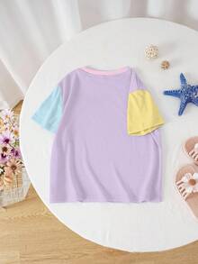 LOONEY TUNES X SHEIN Camiseta de manga corta de verano con estampado de conejo y bloques de color casual y linda para niña preadolescente - Blanco - Ver 2