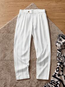 SWAVVY 男士休闲梭织弹力腰竖条纹锥形七分裤，秋季，Old Money - 黑與白 - 查看 1