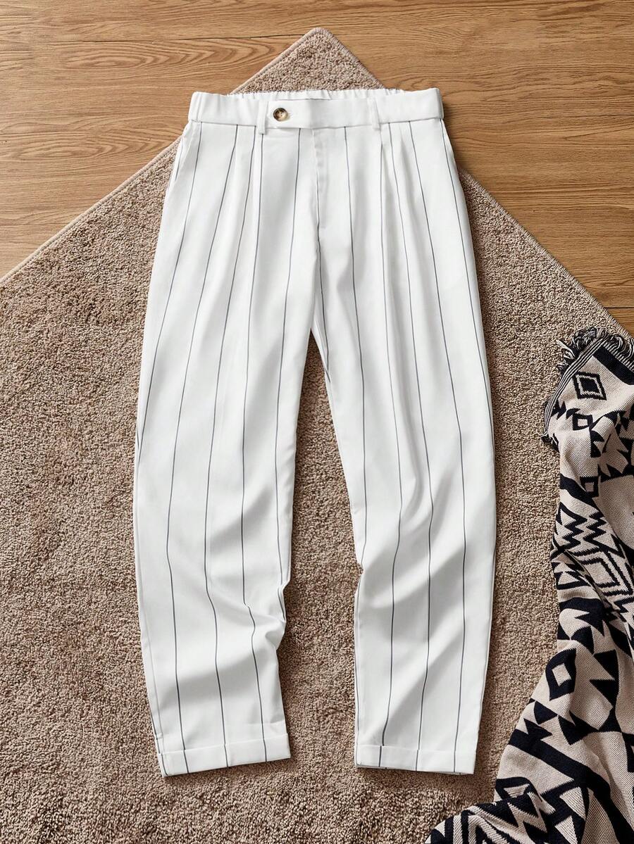 SWAVVY 男士休闲梭织弹力腰竖条纹锥形七分裤，秋季，Old Money - 黑與白 - 查看 1