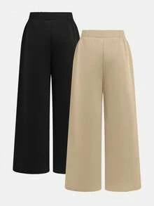SHEIN 2Pcs Tween Girls Casual Solid Khaki And Black Patch Dec Loose Wide Leg Pants, Black + Pink, Relaxed Style, Back To School Season 2 Pack Pants Baggy Pants 2 Piece Sets Pants Pack Pants Y2k - Khaki - View 3