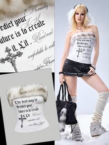 ROMWE Grunge Punk Áo hai dây bó sát, họa tiết chữ thập, chắp vá bằng lông thú giả cổ điển Y2K gợi cảm - trắng - Xem 7
