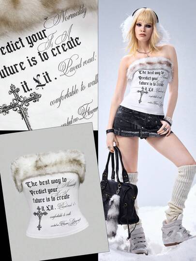 Grunge Punk Vintage Y2K Sexy Halter Patchwork Faux Fur Cross Letter Print Tight Cropped Camisole Top