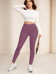 Modelyn 女士休闲舒适纯色高腰打底裤 - 淺灰紫 - 查看 7