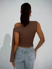 SHEIN BAE Áo cánh lệch vai buộc dây cổ chéo thanh lịch dành cho nữ, thích hợp cho các buổi hẹn hò hàng ngày, đi chơi, hộp đêm, tụ tập tiệc tùng, trang phục câu lạc bộ dành cho nữ, trang phục Halloween - màu nâu - Xem 2