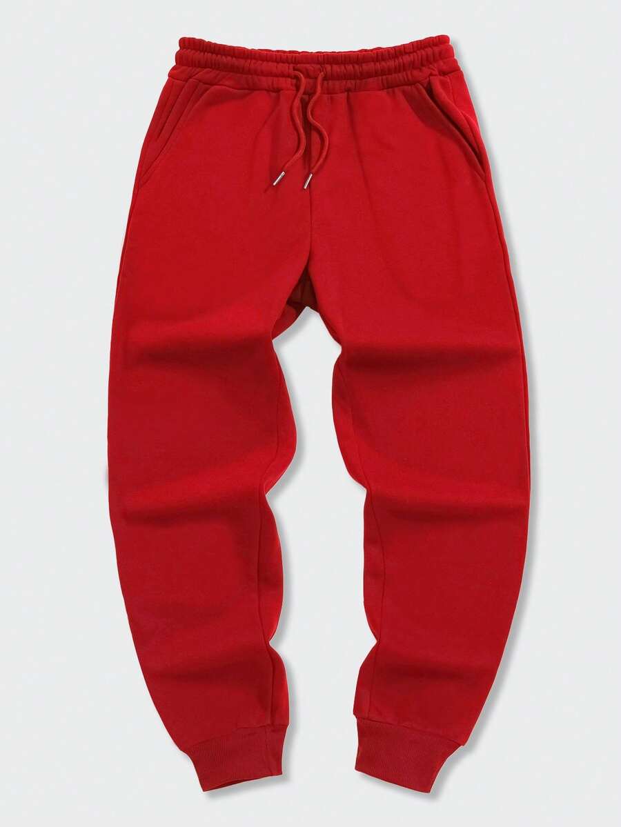 Manfinity Dauomo 男士休闲运动纯色抽绳腰斜插口袋束口运动裤 - 紅色 - 查看 1