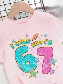 SHEIN 1件女童休闲时尚创意独特清新简约数字67粉色星星字母标语印花舒适基础款短款T恤，温暖舒适的夏秋季款式，适合女孩穿着 - 粉色 - 查看 4